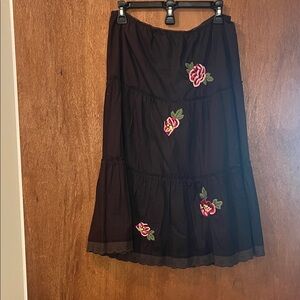 Boho Brown  Tiered Midi Skirt with Pink Floral Embroidery